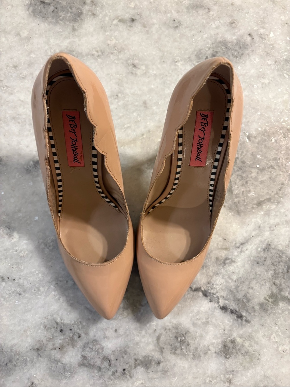 Betsey Johnson Nude Patent Pointed-Toe Pumps with Scalloped Details